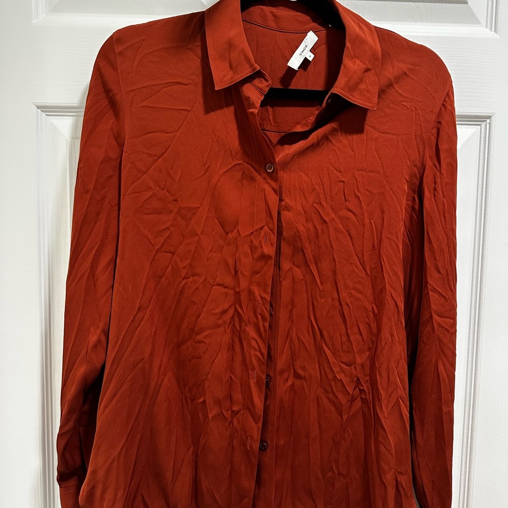 VINCE Rust Orange Button-Up Silk Shirt